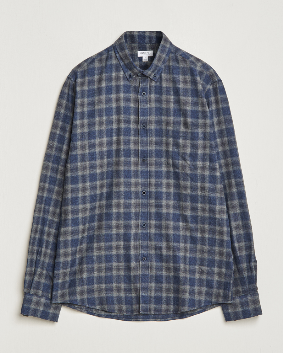 Hombres | Camisas | Sunspel | Brushed Cotton Flannel Shirt Grey/Blue Check