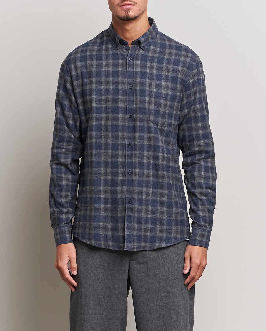 Hombres | Camisas | Sunspel | Brushed Cotton Flannel Shirt Grey/Blue Check