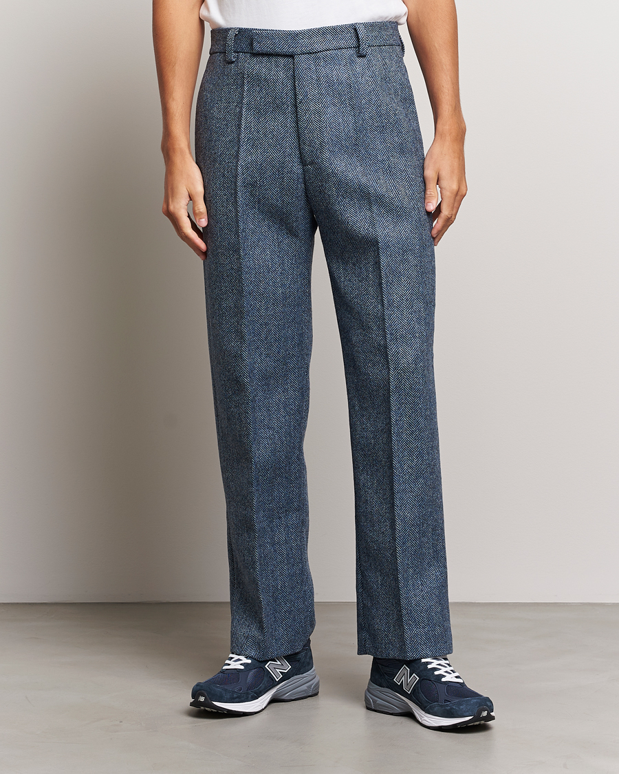 Hombres | Pantalones | Palmes | Pleated Wool Trousers Navy Herringbone