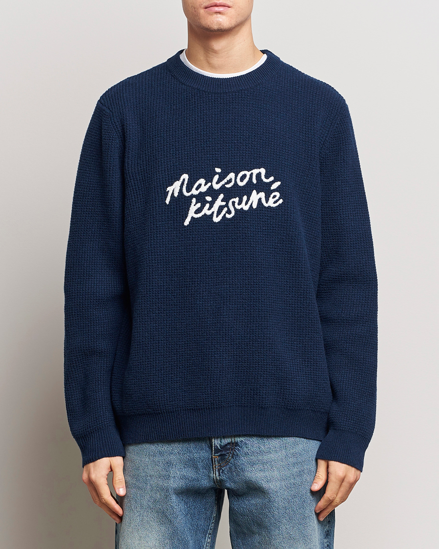 Hombres | Jerséis y prendas de punto | Maison Kitsuné | Handwriting Wool Crew Neck Sweater Ink Blue
