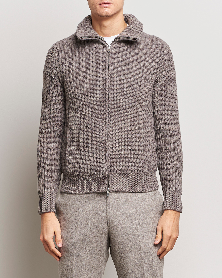 Hombres | Jerséis y prendas de punto | Gran Sasso | Wool/Cashmere Heavy Knitted Full Zip Taupe Melange
