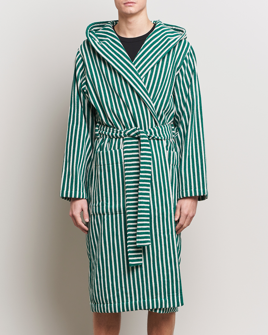 Hombres | Pijamas y batas | Tekla | Organic Terry Hooded Bathrobe Teal Green Stripes