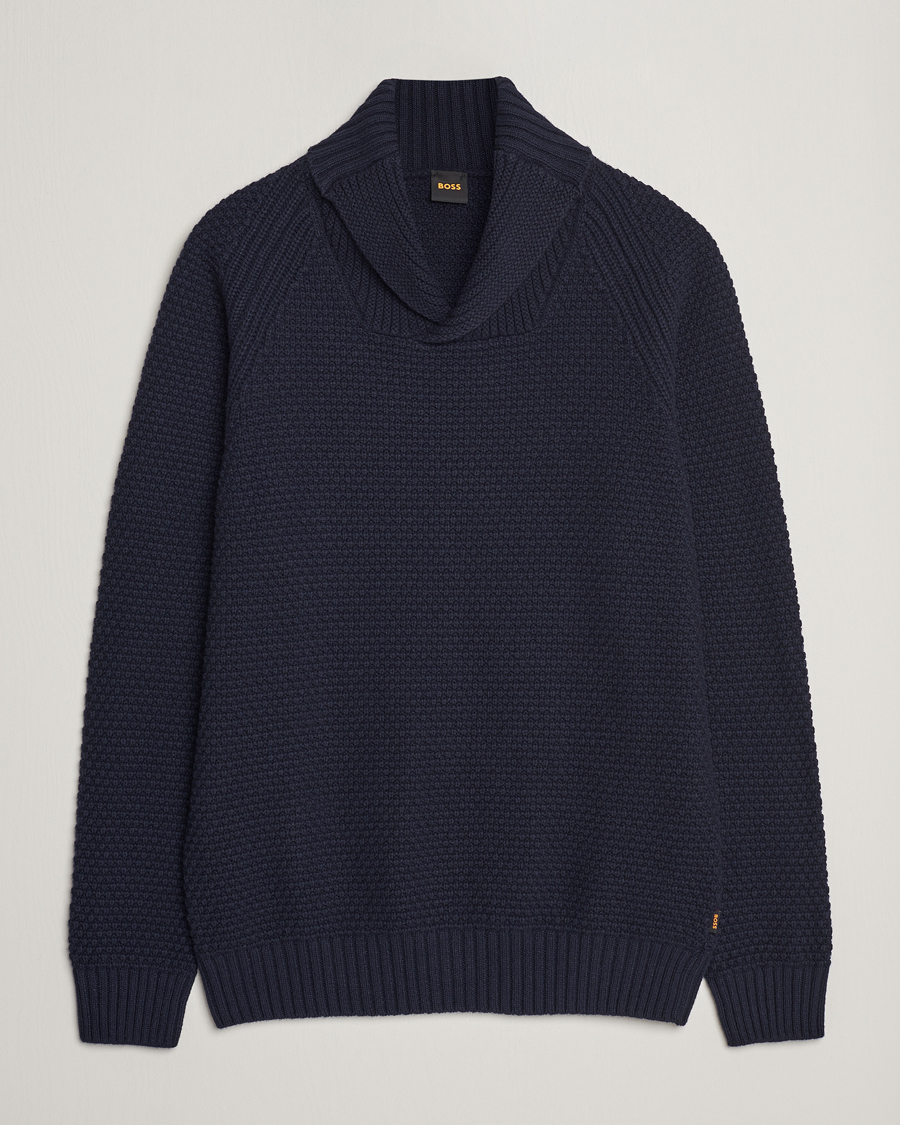 Hombres | Jerséis y prendas de punto | BOSS ORANGE | Amado Heavy Knitted Shawl Collar Sweater Dark Blue