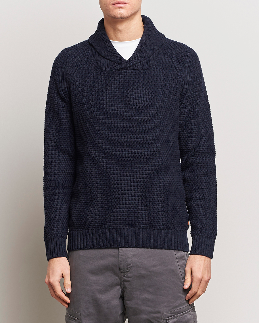 Hombres | Jerséis y prendas de punto | BOSS ORANGE | Amado Heavy Knitted Shawl Collar Sweater Dark Blue