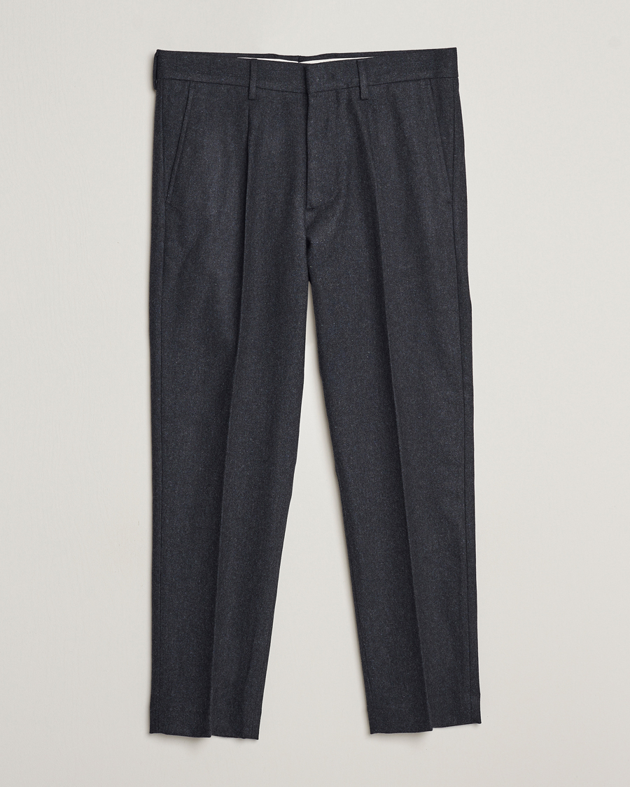 Hombres | Pantalones | NN07 | Bill Brushed Flannel Pleated Trousers Navy Blue