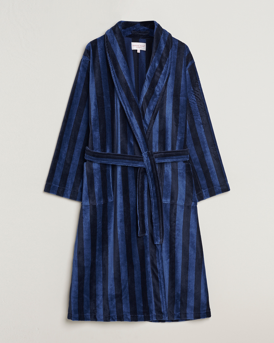 Hombres | Pijamas y batas | Derek Rose | Striped Cotton Velour Gown Navy