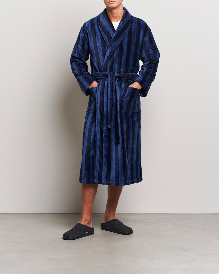 Hombres | Pijamas y batas | Derek Rose | Striped Cotton Velour Gown Navy