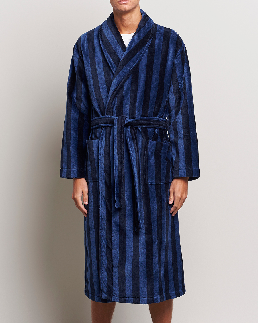 Hombres | Loungewear | Derek Rose | Cotton Velour Striped Gown Navy/Blue