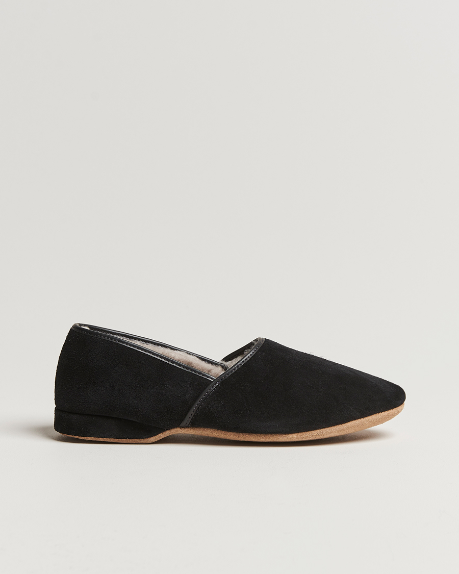 Hombres | Derek Rose Crawford Sheepskin Suede Slippers Black | Derek Rose | Crawford Sheepskin Suede Slippers Black