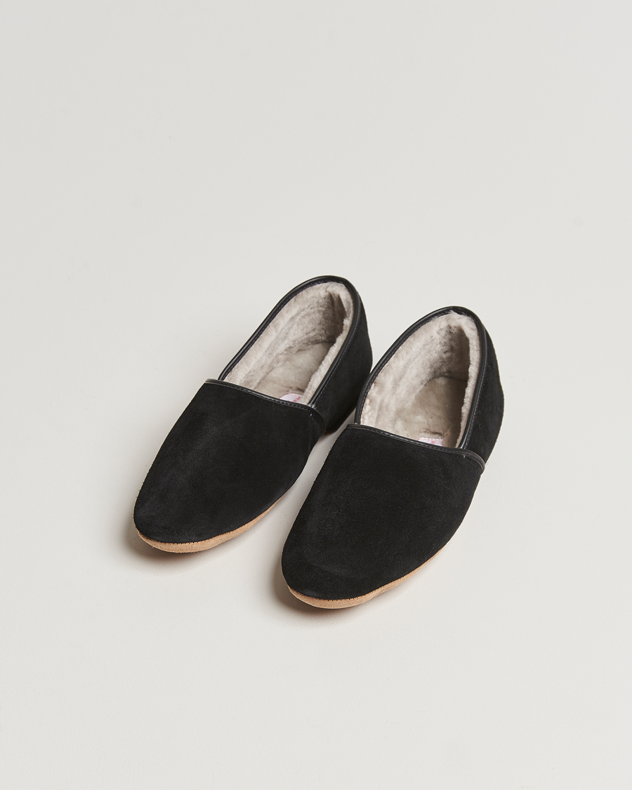 Hombres | Derek Rose Crawford Sheepskin Suede Slippers Black | Derek Rose | Crawford Sheepskin Suede Slippers Black