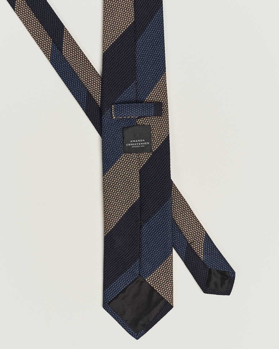 Hombres | Amanda Christensen Silk Grenadine 8cm Block Striped Tie Navy/Blue/Beige | Amanda Christensen | Silk Grenadine 8cm Block Striped Tie Navy/Blue/Beige