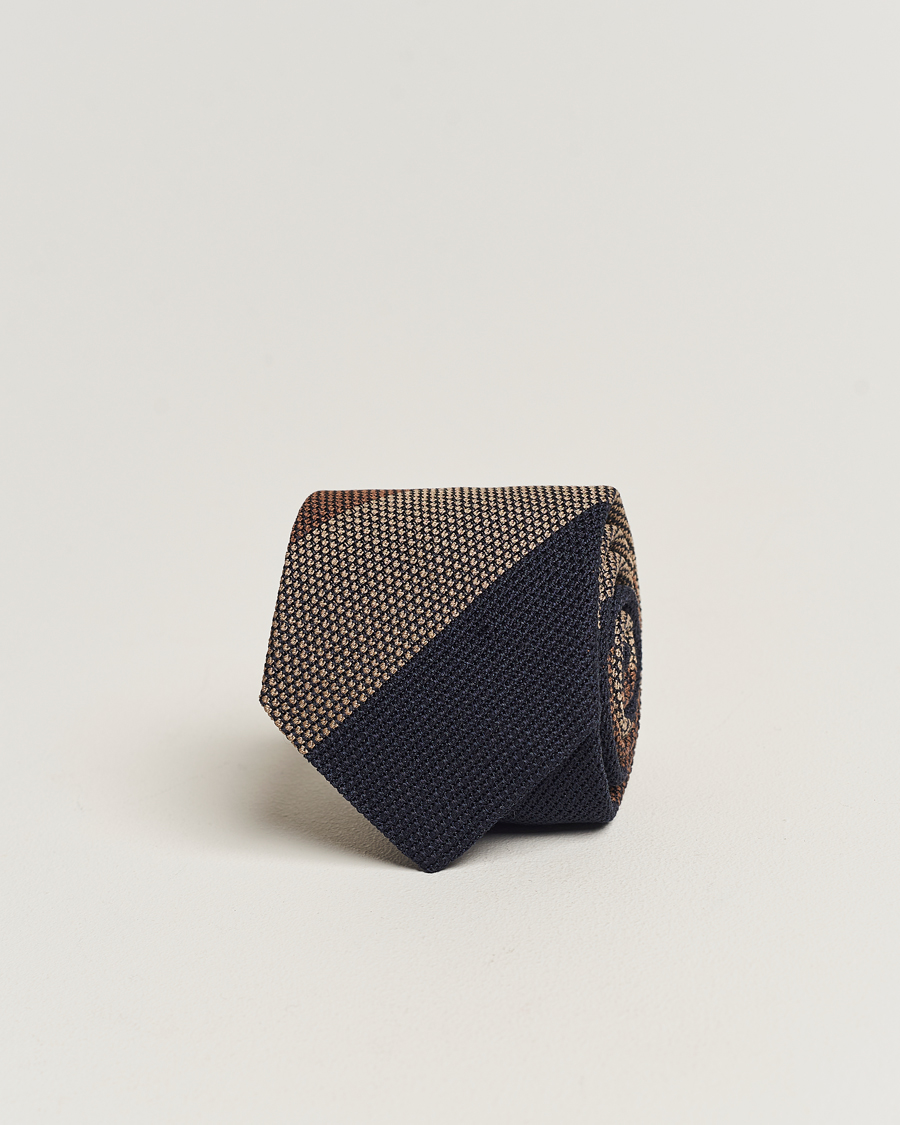 Hombres | Amanda Christensen Silk Grenadine 8cm Block Striped Tie Brown/Navy/Beige | Amanda Christensen | Silk Grenadine 8cm Block Striped Tie Brown/Navy/Beige