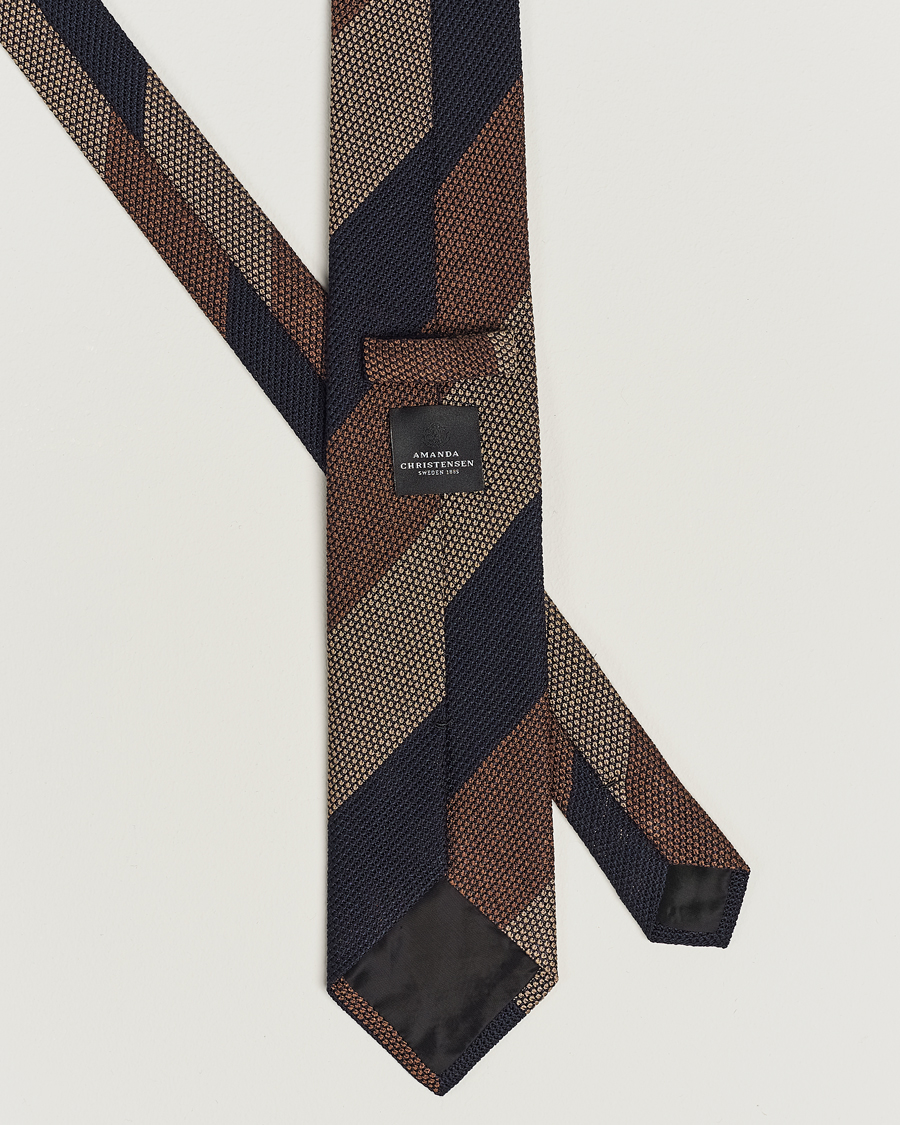 Hombres | Amanda Christensen Silk Grenadine 8cm Block Striped Tie Brown/Navy/Beige | Amanda Christensen | Silk Grenadine 8cm Block Striped Tie Brown/Navy/Beige