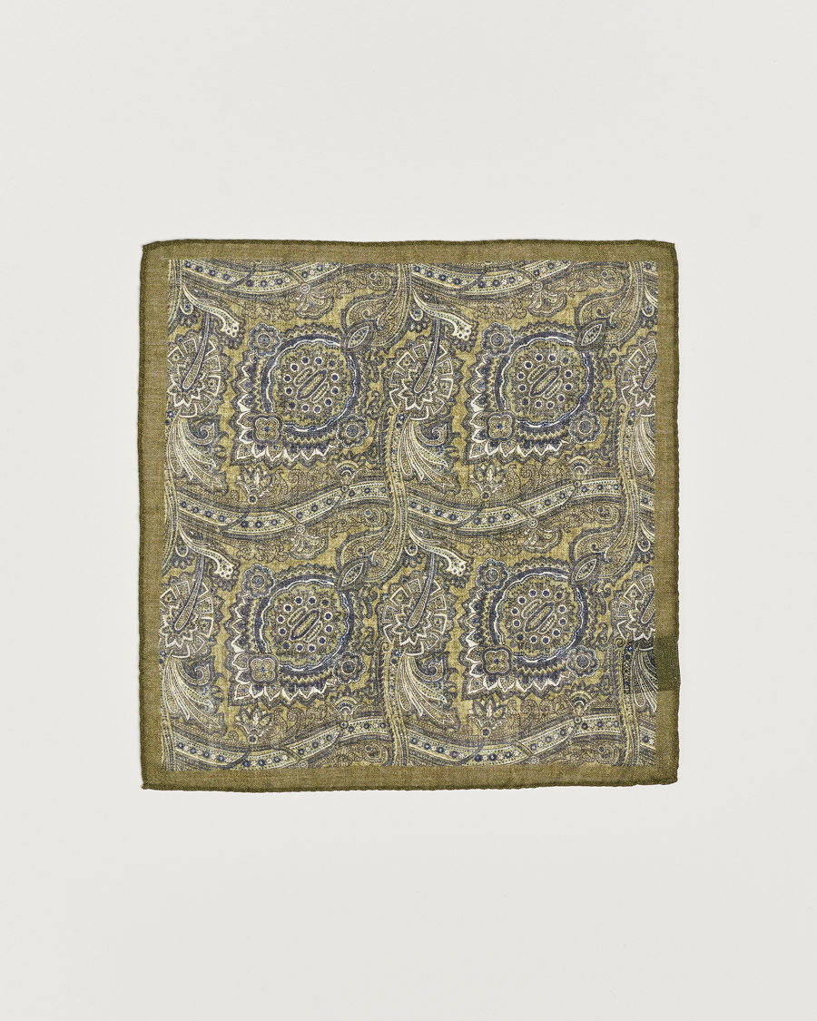Hombres | Amanda Christensen Wool Printed Large Paisley Pocket Square Green Melange | Amanda Christensen | Wool Printed Large Paisley Pocket Square Green Melange