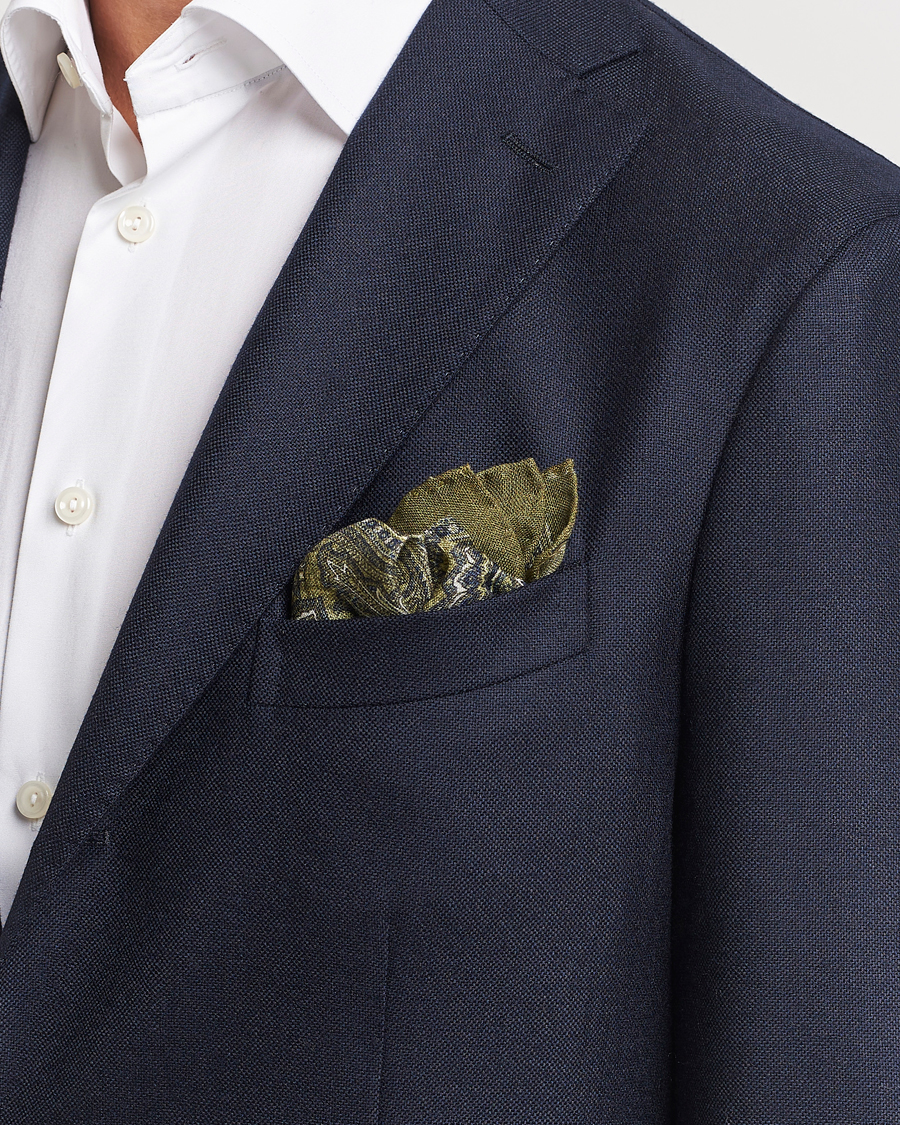 Hombres |  | Amanda Christensen | Wool Printed Large Paisley Pocket Square Green Melange