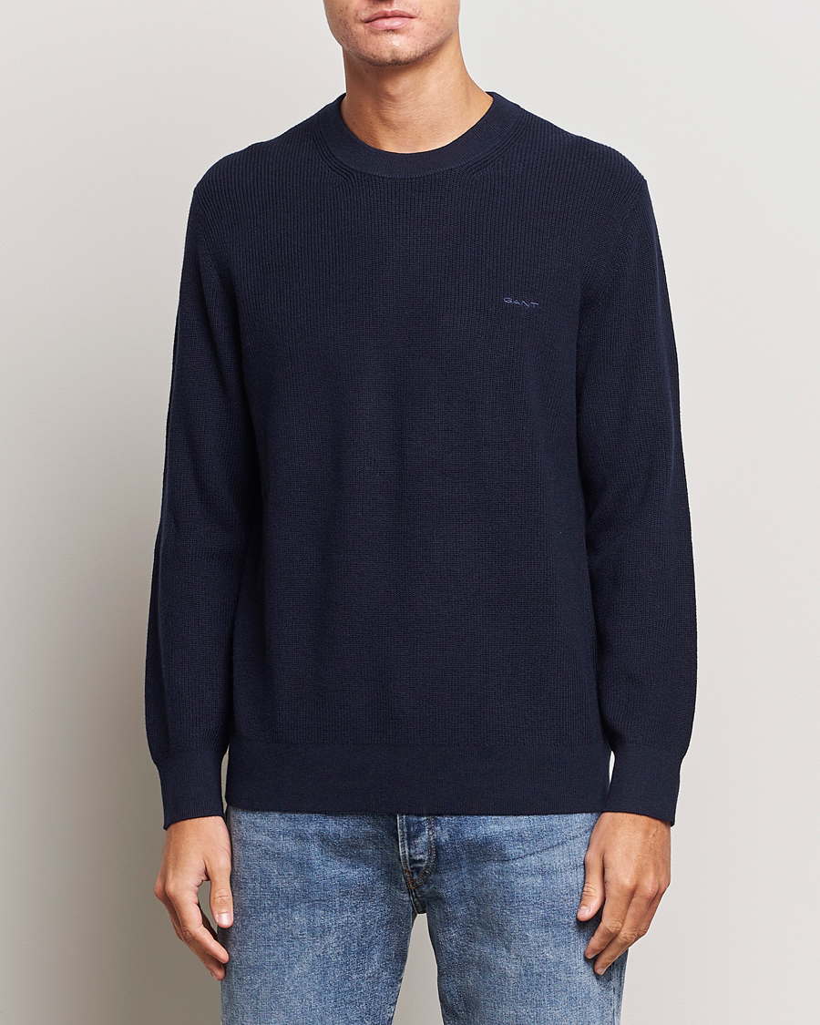 Hombres | Jerséis y prendas de punto | GANT | Cotton/Wool Rib Knitted Crew Neck Evening Blue