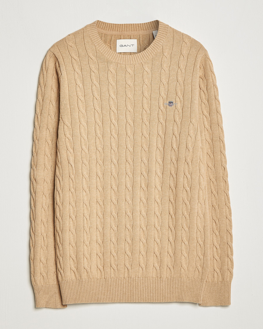 Hombres | Jerséis y prendas de punto | GANT | Cotton Cable Crew Neck Pullover Khaki Melange