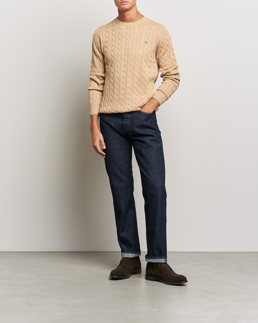 Hombres | Jerséis y prendas de punto | GANT | Cotton Cable Crew Neck Pullover Khaki Melange