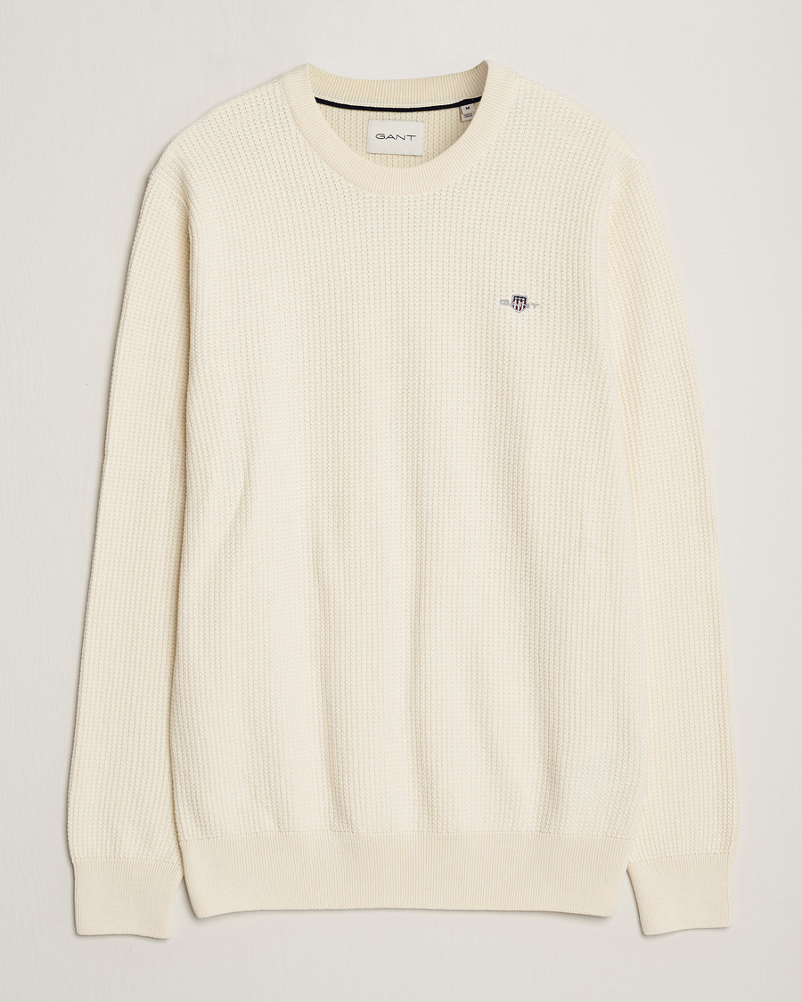 Hombres | Jerséis y prendas de punto | GANT | Cotton Micro Textured Crew Neck Cream