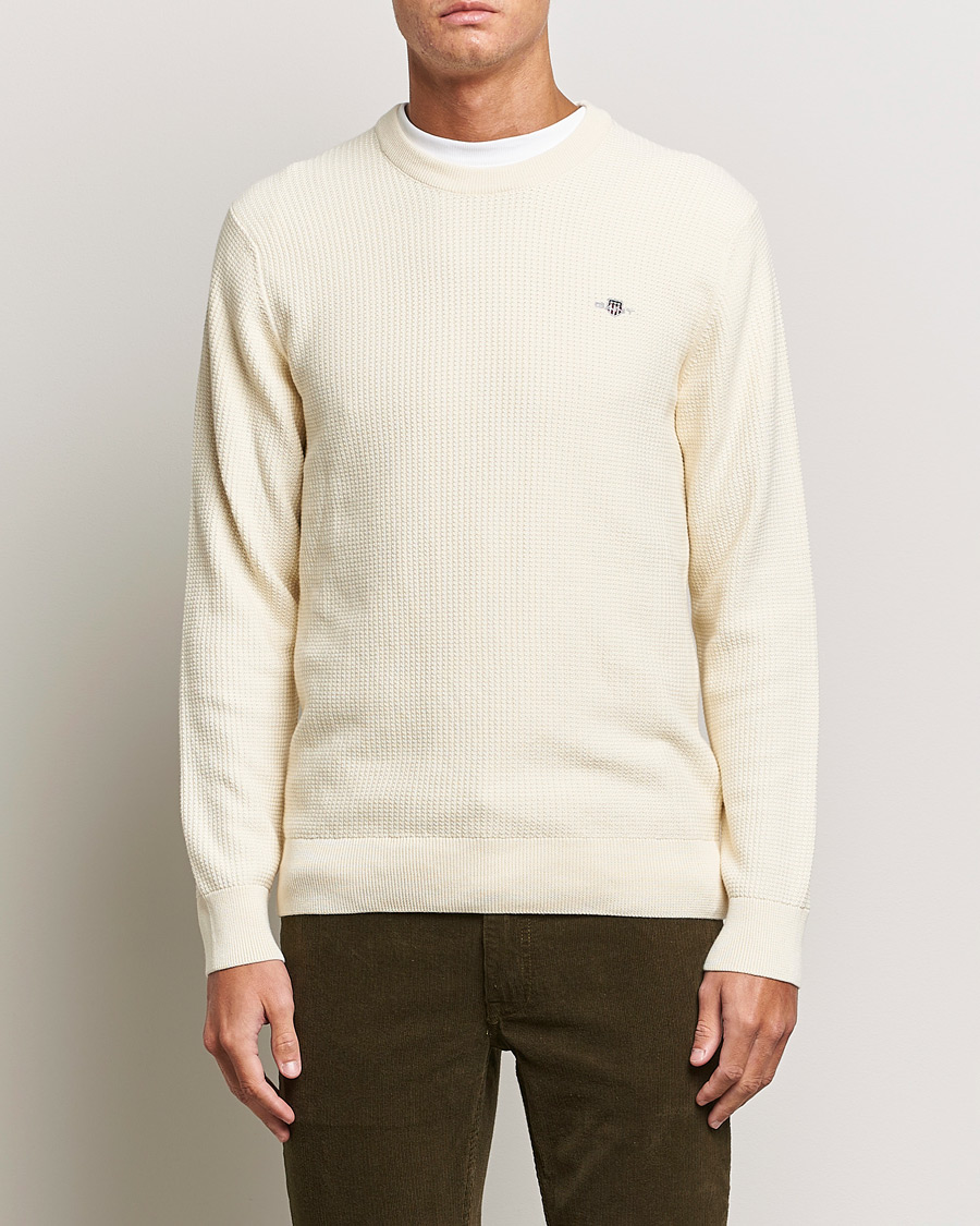 Hombres | Jerséis y prendas de punto | GANT | Cotton Micro Textured Crew Neck Cream