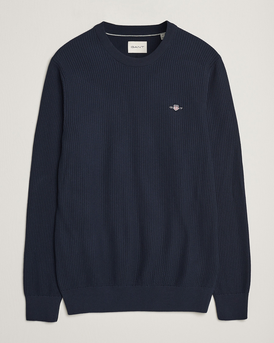 Hombres | Jerséis y prendas de punto | GANT | Cotton Micro Textured Crew Neck Evening Blue
