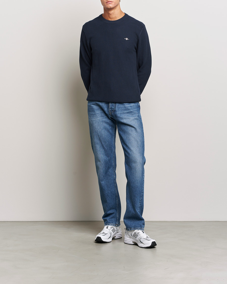 Hombres | Jerséis y prendas de punto | GANT | Cotton Micro Textured Crew Neck Evening Blue