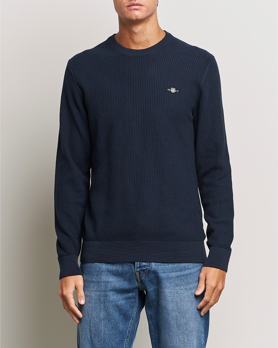 Hombres | Jerséis y prendas de punto | GANT | Cotton Micro Textured Crew Neck Evening Blue