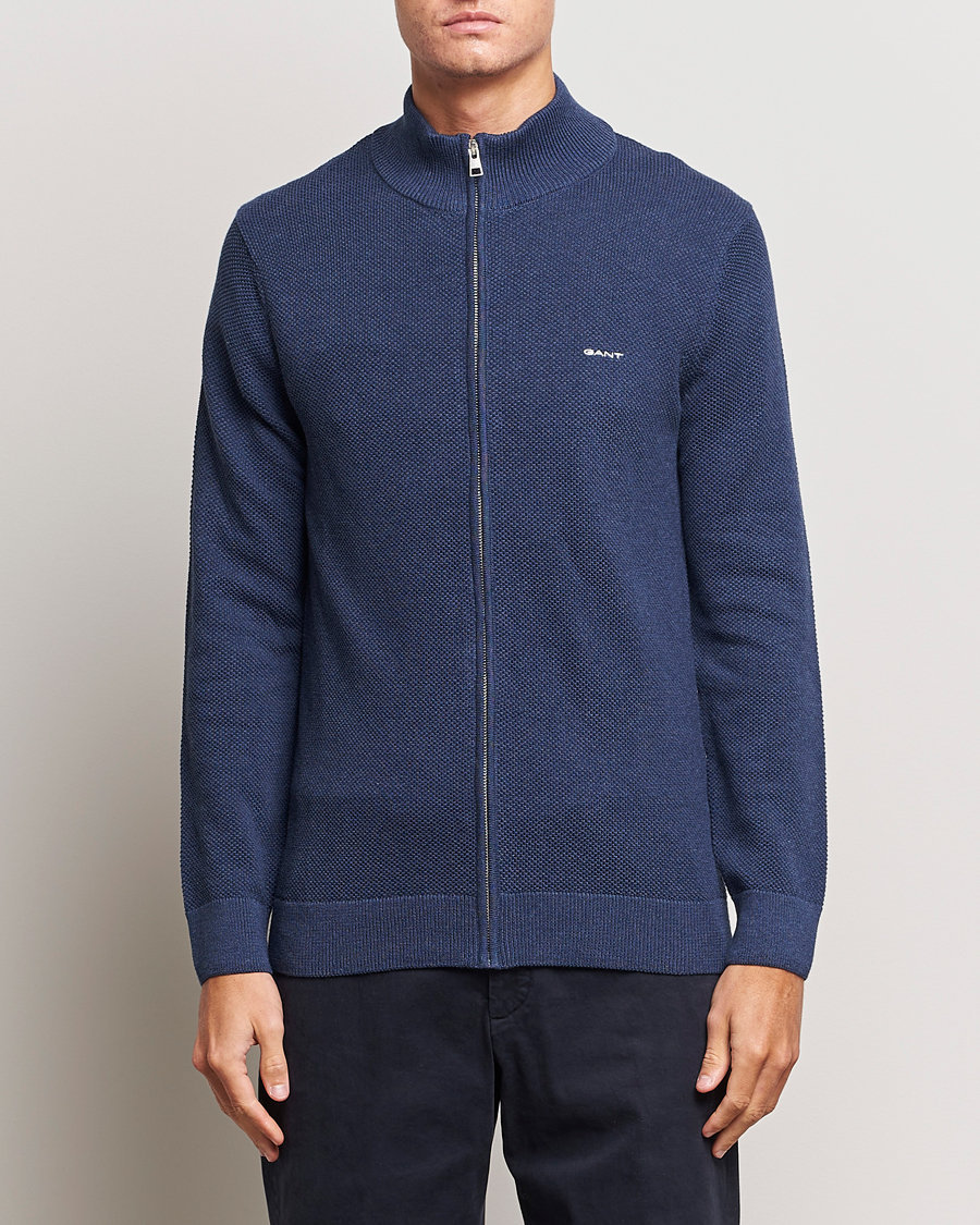 Hombres | Jerséis y prendas de punto | GANT | Cotton Pique Full Zip Marine Melange