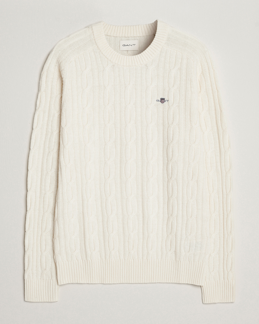 Hombres | Jerséis y prendas de punto | GANT | Lambswool Cable Crew Neck Pullover Cream