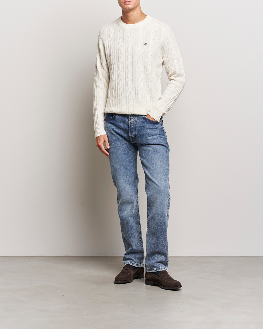 Hombres | Jerséis y prendas de punto | GANT | Lambswool Cable Crew Neck Pullover Cream