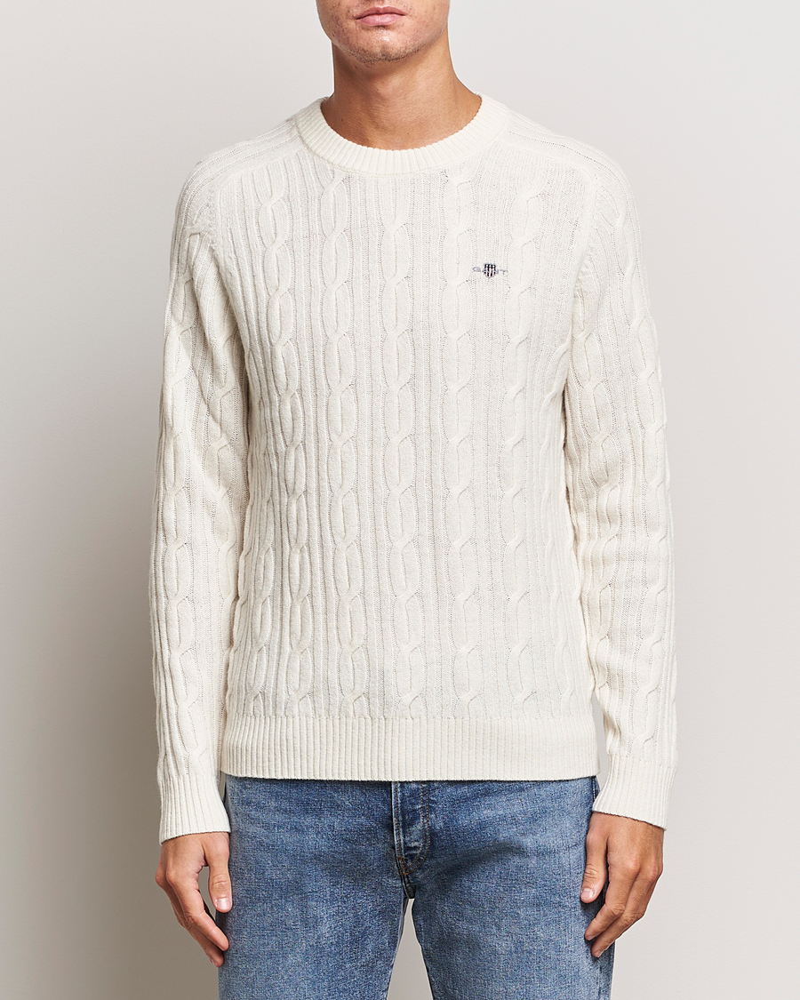 Hombres | Jerséis y prendas de punto | GANT | Lambswool Cable Crew Neck Pullover Cream