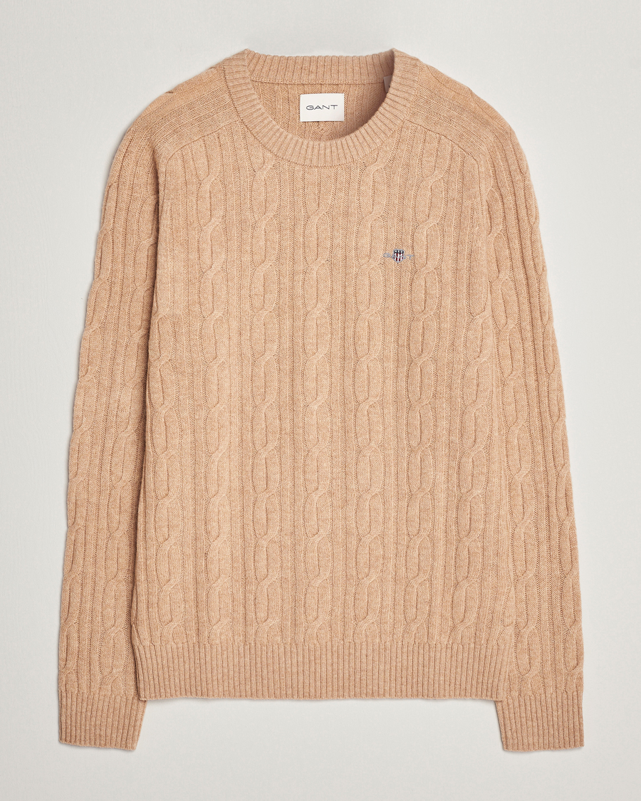 Hombres | Jerséis y prendas de punto | GANT | Lambswool Cable Crew Neck Pullover Khaki Melange