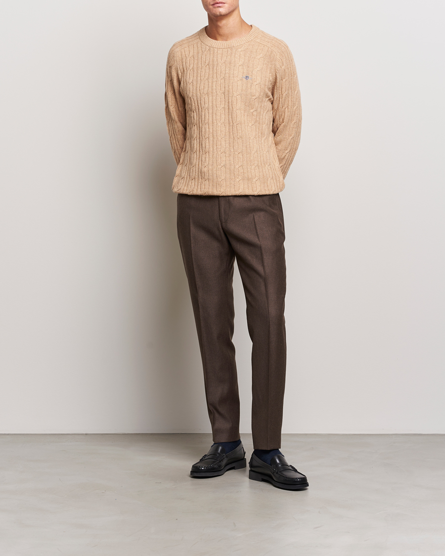 Hombres | Jerséis y prendas de punto | GANT | Lambswool Cable Crew Neck Pullover Khaki Melange