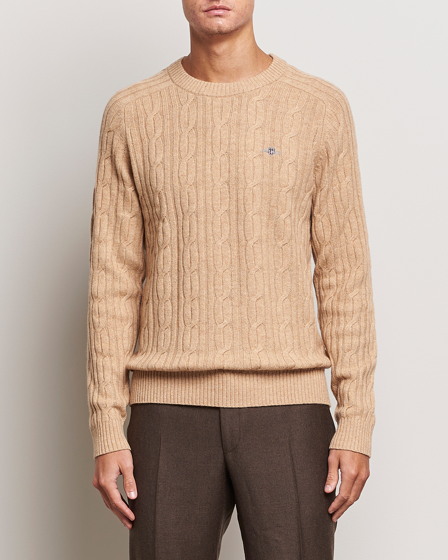 Hombres | Jerséis y prendas de punto | GANT | Lambswool Cable Crew Neck Pullover Khaki Melange