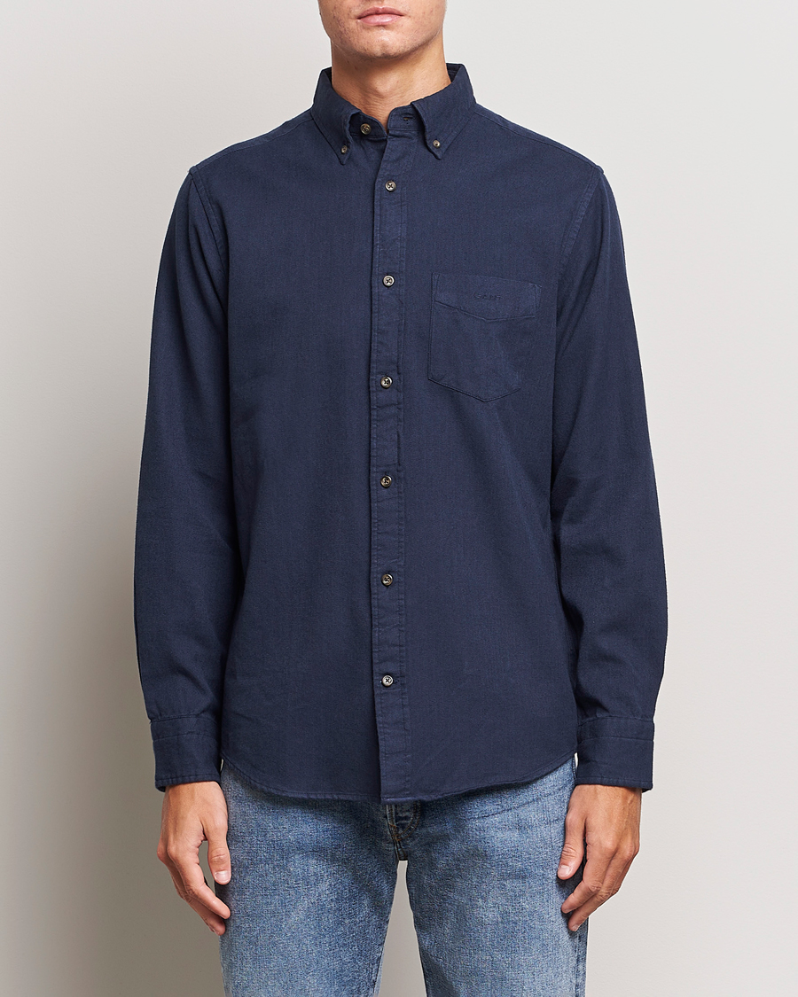 Hombres | Camisas | GANT | Regular Fit Herringbone Flannel Shirt Marine