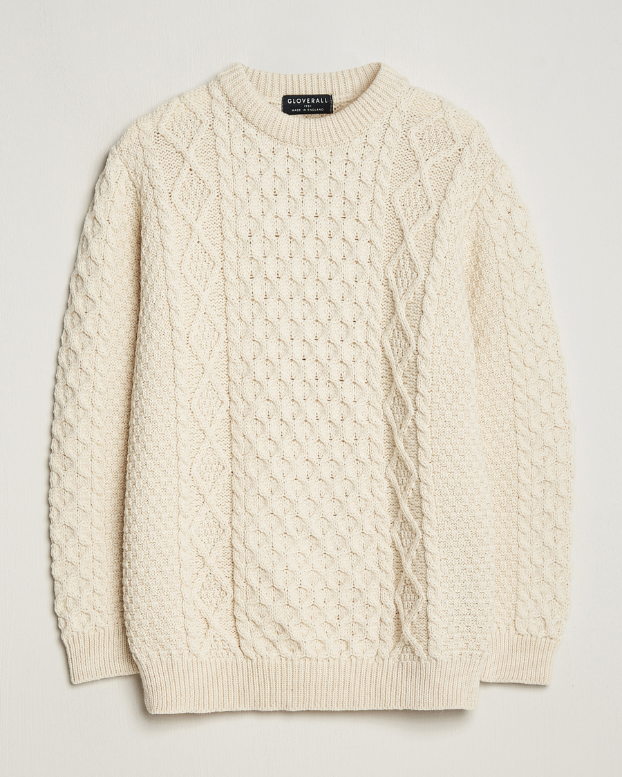 Hombres | Jerséis y prendas de punto | Gloverall | Merino Wool Aran Cable Knitted Crew Neck Ecru