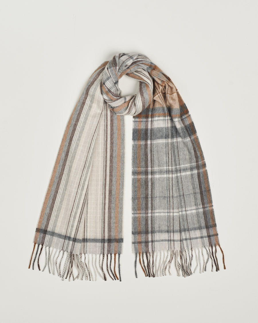 Hombres | Begg & Co Striped/Checked Cashmere Scarf 36*183cm Natural Grey | Begg & Co | Striped/Checked Cashmere Scarf 36*183cm Natural Grey
