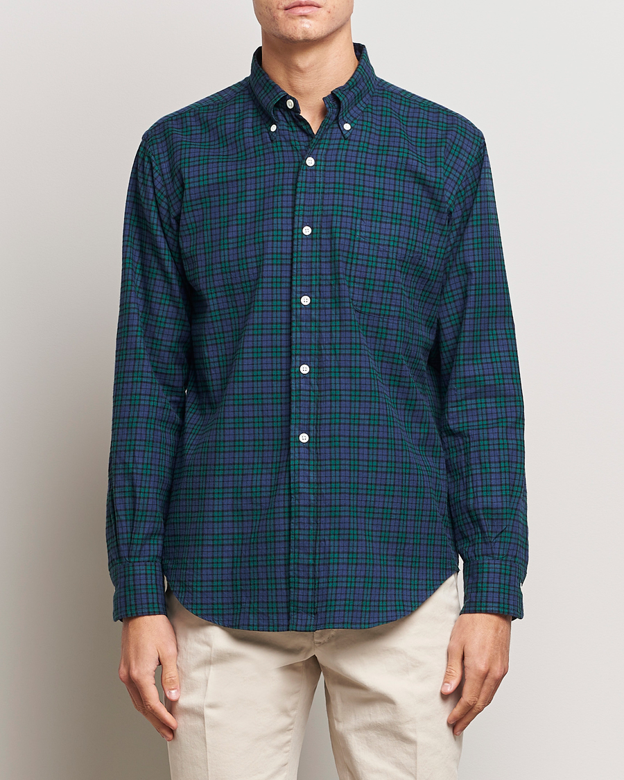 Hombres | Camisas | Kamakura Shirts | Vintage Ivy Blackwatch Flannel Shirt Navy/Green
