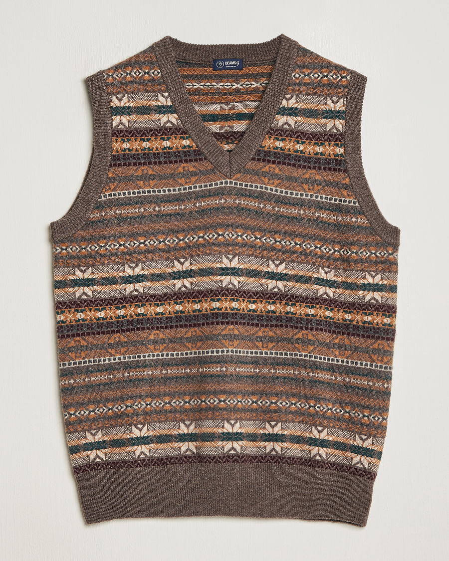Hombres | Jerséis y prendas de punto | Beams F | Cashmere Fairisle Vest Dark Brown