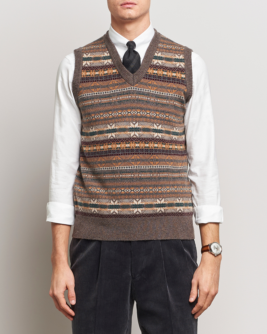 Hombres | Jerséis y prendas de punto | Beams F | Cashmere Fairisle Vest Dark Brown