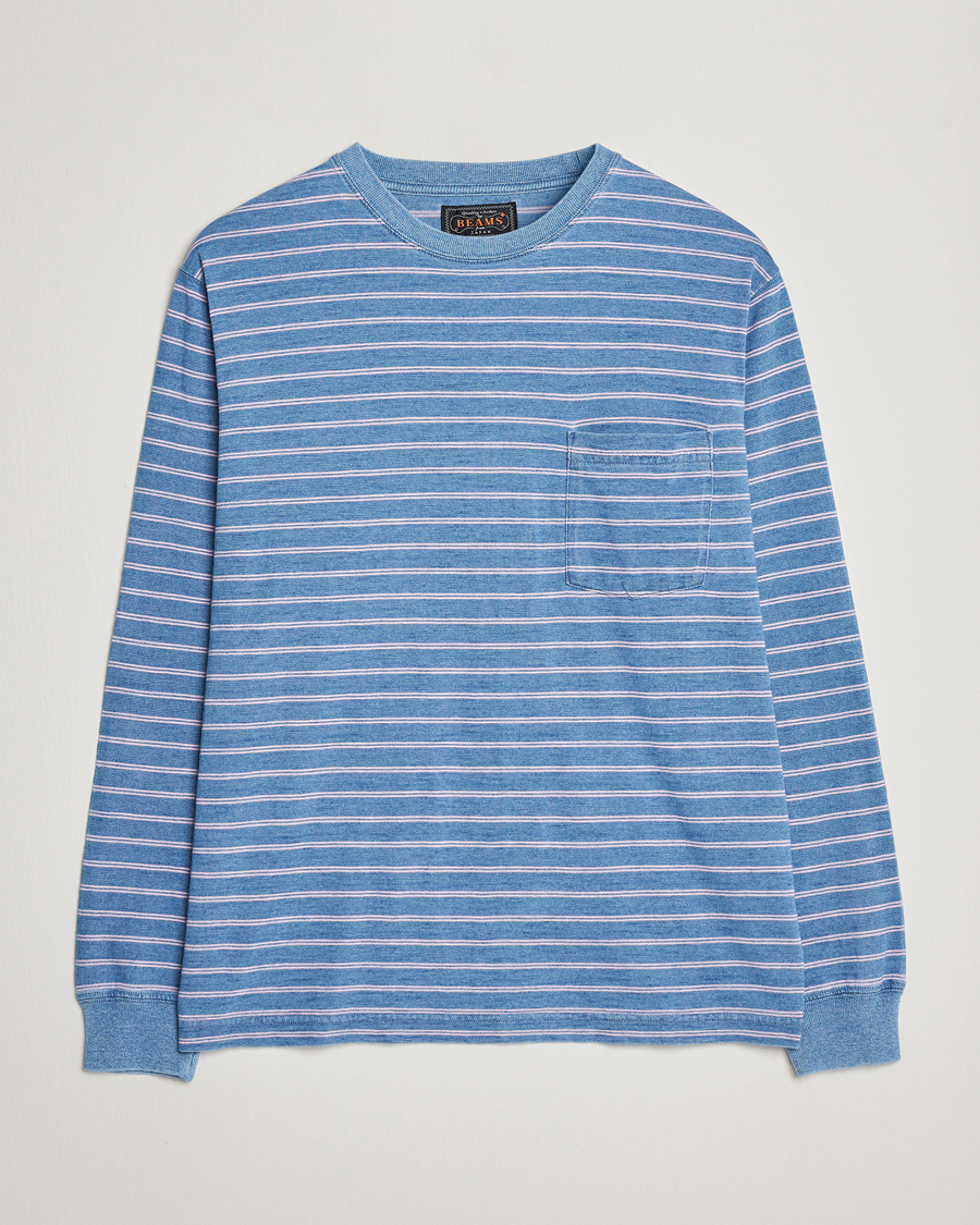 Hombres | Camisetas | BEAMS PLUS | Indigo Stripe Long Sleeve T-Shirt Light Blue