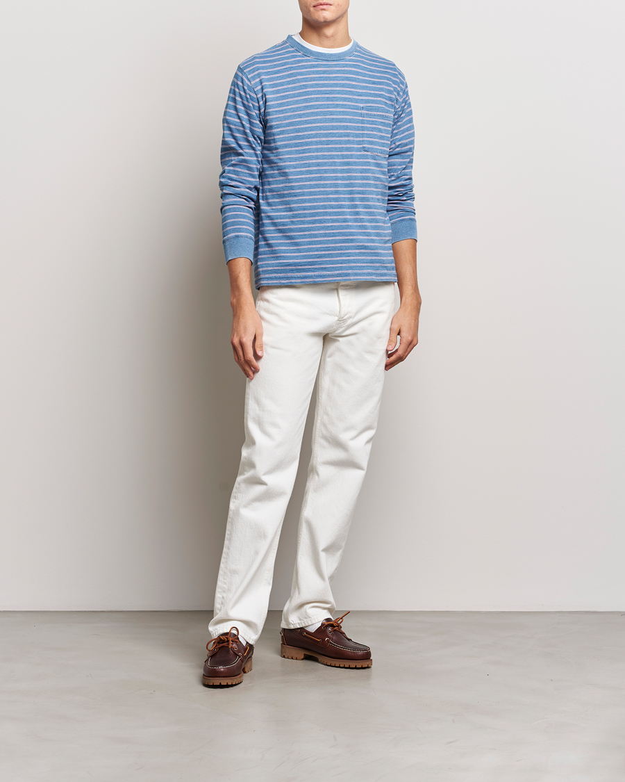 Hombres | Camisetas | BEAMS PLUS | Indigo Stripe Long Sleeve T-Shirt Light Blue