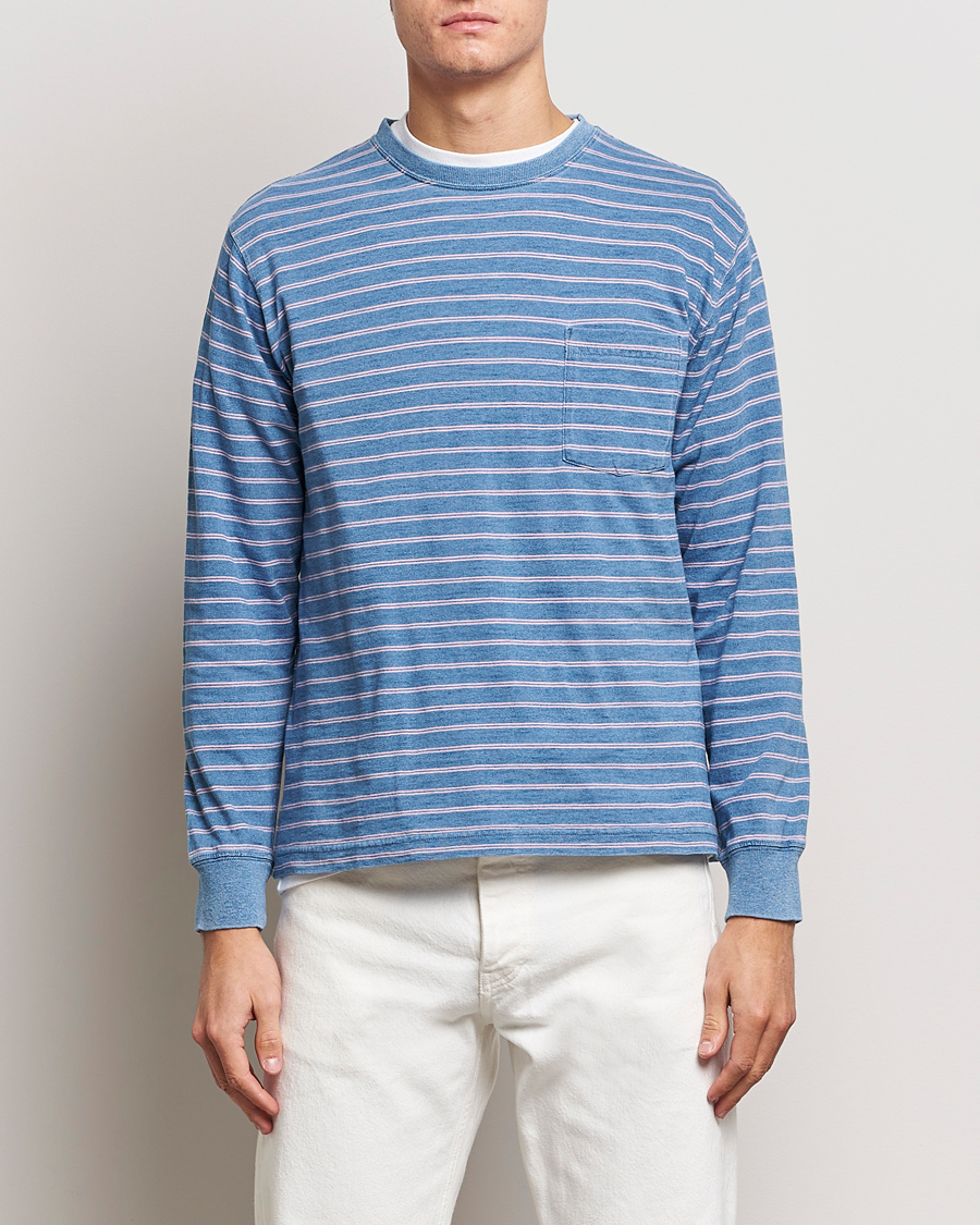 Hombres | Camisetas | BEAMS PLUS | Indigo Stripe Long Sleeve T-Shirt Light Blue
