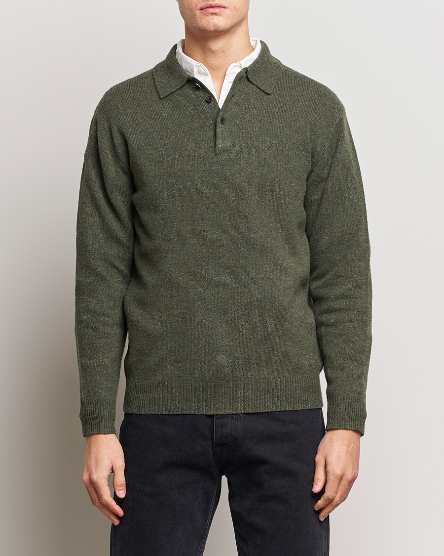 Hombres | Jerséis y prendas de punto | BEAMS PLUS | Long Sleeve Knitted Polo Olive