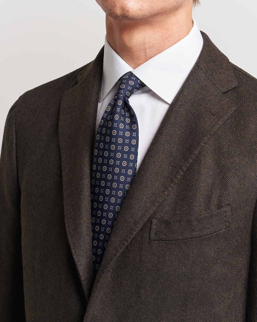 Hombres | E. Marinella 3-Fold Printed Silk Tie Navy | E. Marinella | 3-Fold Printed Silk Tie Navy