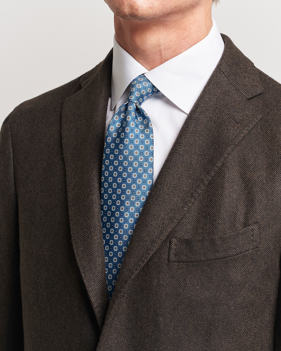 Hombres | E. Marinella 3-Fold Printed Silk Tie Blue | E. Marinella | 3-Fold Printed Silk Tie Blue