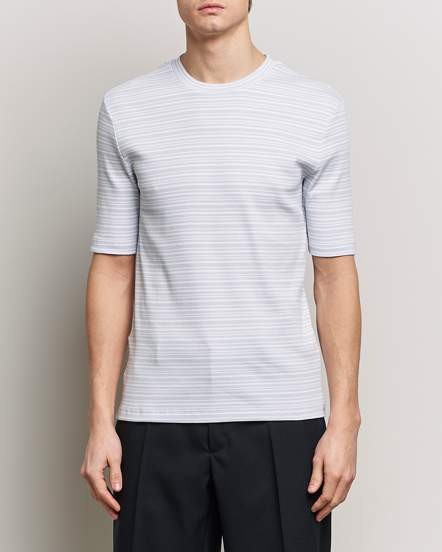 Hombres | Camisetas de manga corta | Filippa K | Striped Rib T-Shirt Mist Blue/White