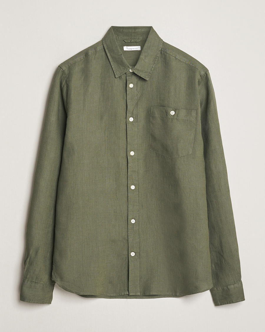 Hombres | Camisas | KnowledgeCotton Apparel | Regular Linen Shirt Burnt Olive