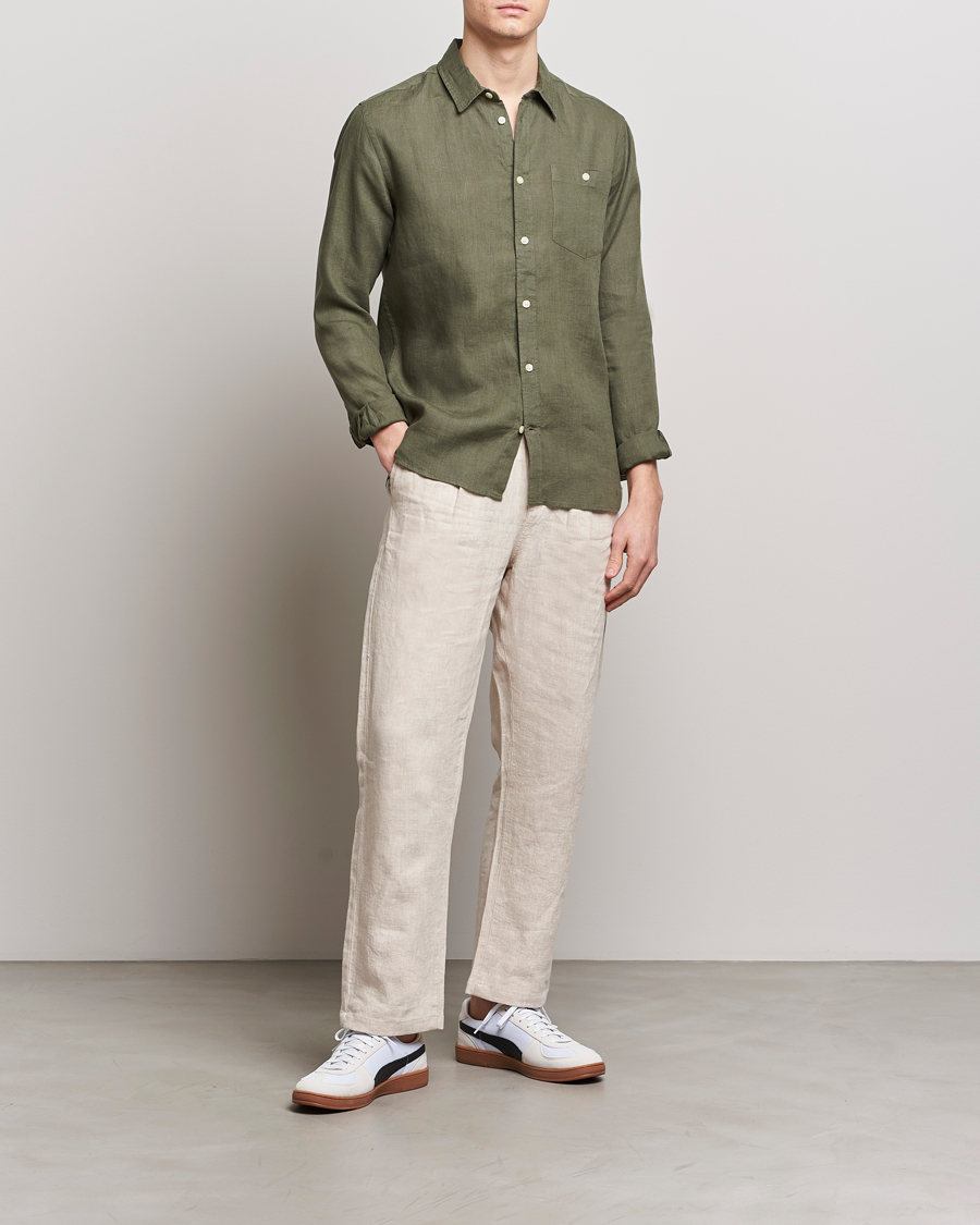Hombres | Camisas | KnowledgeCotton Apparel | Regular Linen Shirt Burnt Olive