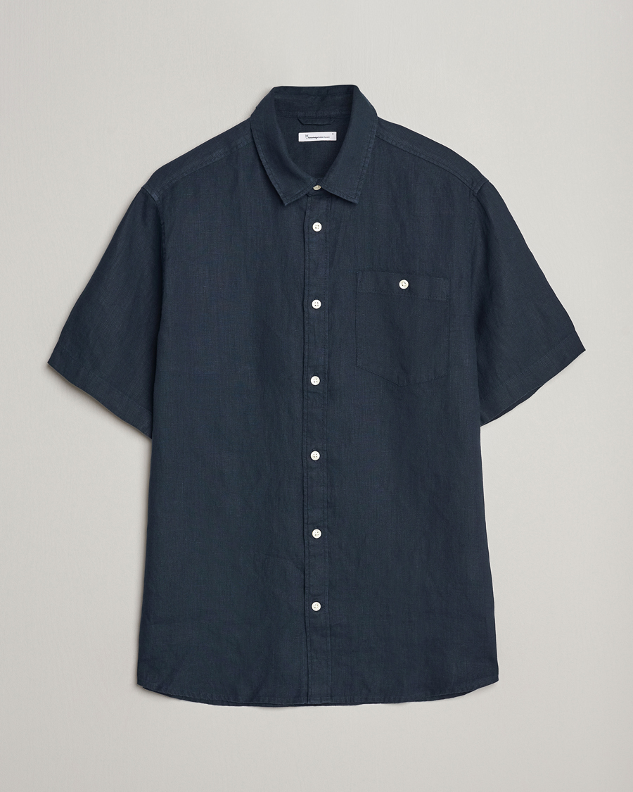 Hombres | Camisas | KnowledgeCotton Apparel | Regular Short Sleeve Linen Shirt Total Eclipse